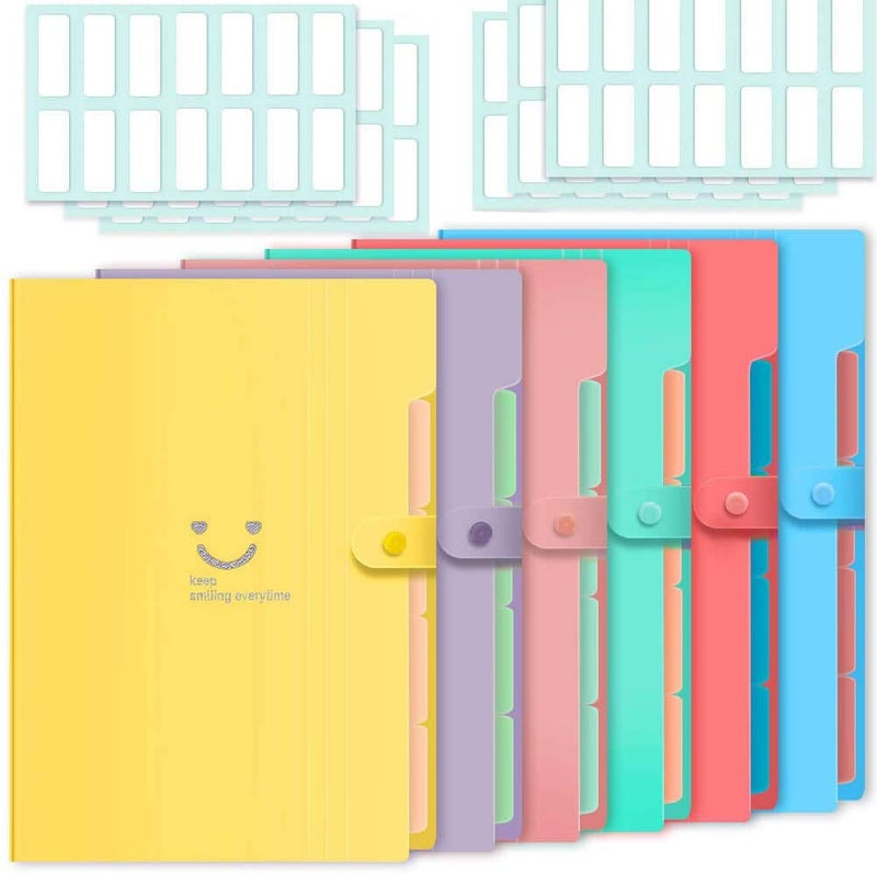 Selizo 6 Pcs Expanding File Folder with 5 Pockets Organizer Plastic A4 Size and 168 Pcs File Folder Labels for School Teacher and Office - Image 1